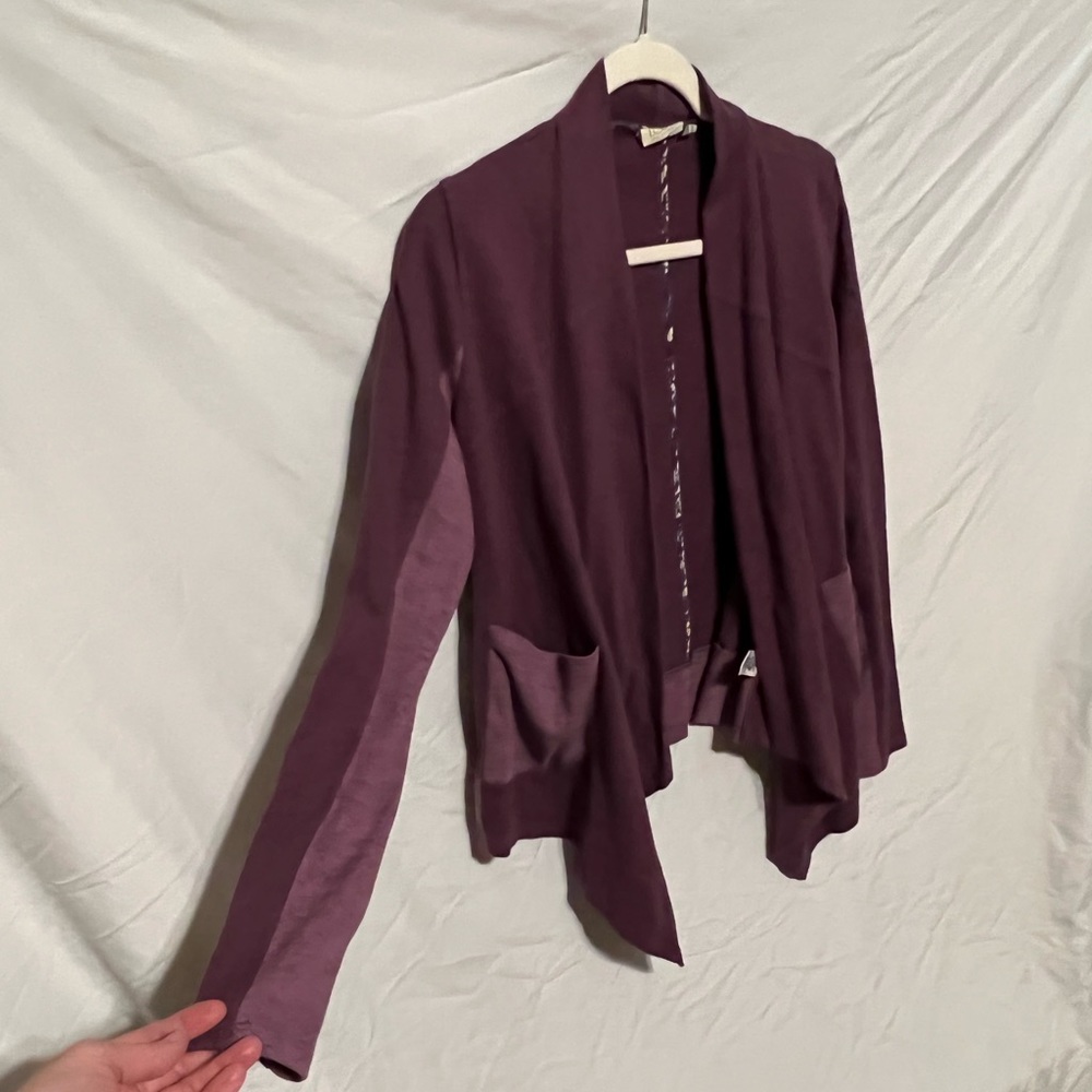 S LOGO Lori Goldstein Eggplant Waterfall Open Front Cardigan - Picture 7 of 10